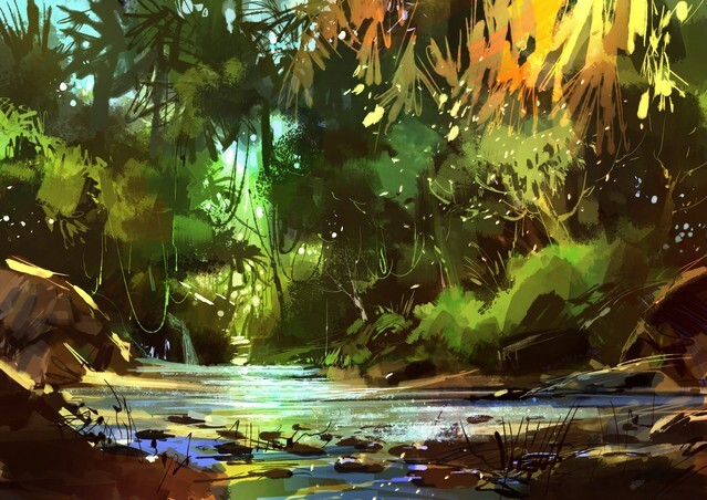 Digital painting of beautiful river with cascades in forest